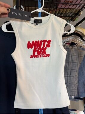 White Fox Boutique White Tank Top with Red "White Fox Sports Club" Logo